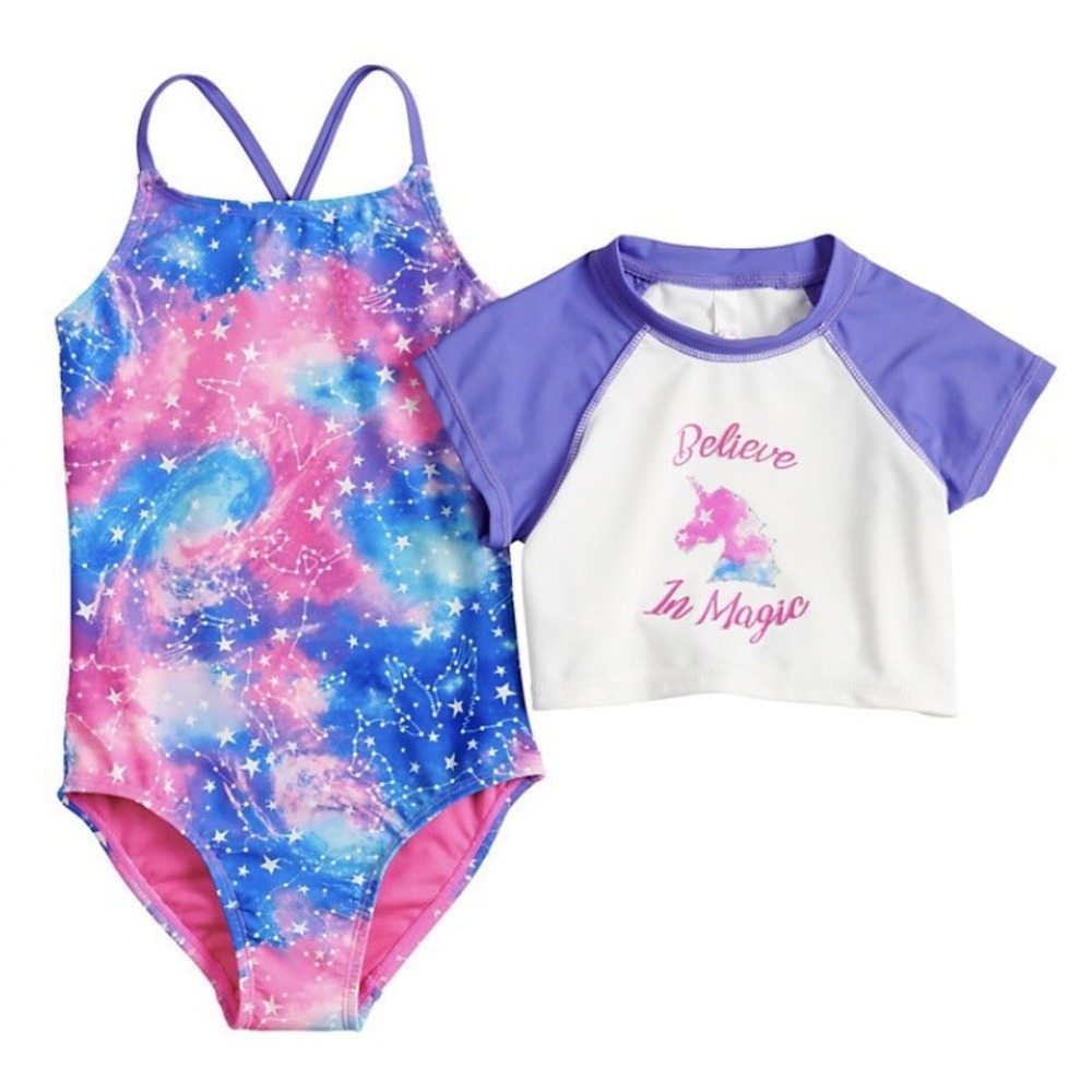 SO Girls I Believe 2 Piece Set Swimsuit and Rash Guard 4-5 New with Tags Purple